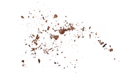 Wood pieces and dust, crushed tree bark isolated on white background, organic texture, top view
