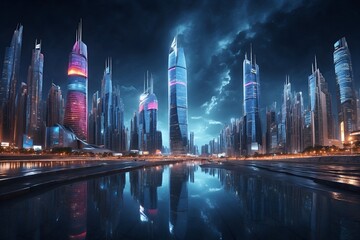Obraz premium the futuristic city is lit up in light, in the style of photo-realistic landscapes