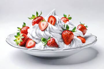 Plate of strawberries with whipped cream. White background. Composition.