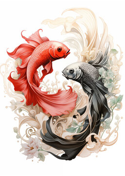 Koi Fish and Gold Fish in Japanese Style