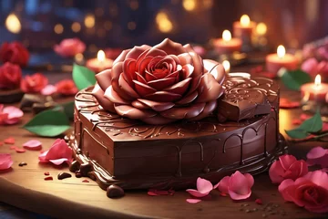 Foto op Canvas valentine's day heartshaped chocolate cake and candle on table and rose © SynchR