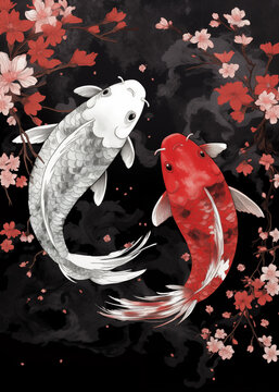 Koi Fish and Gold Fish in Japanese Style