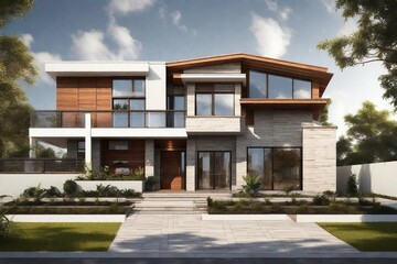 Fototapeta na wymiar Modern Two-Story House with Wooden and Stone Exterior and Landscaped Front Yard