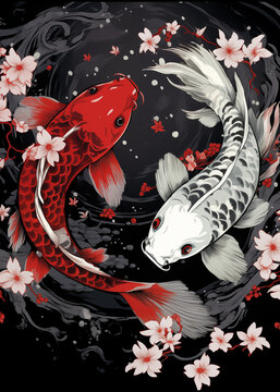 Koi Fish and Gold Fish in Japanese Style