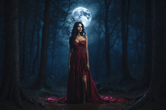 a woman in red dress standing in the woods at night