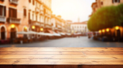 Empty wooden table in the heart of a historic European city with defocused backdrop of a city...