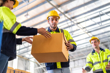 Engineer team cargo shipping transportation ship loading move inventory cardboard boxes in factory distributions warehouse at logistics center.logistic industry and business import export.