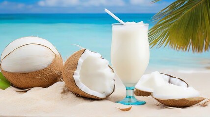Coconut Drink on Tropical Beach with Palm Tree and Ocean in Background