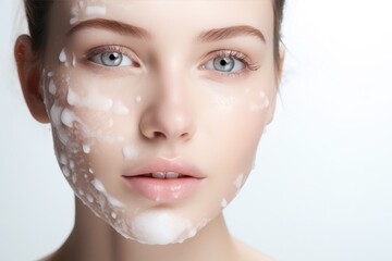 young woman washing foam face by natural foamy gel, personal hygiene, skincare daily routine, cleansing beauty product 