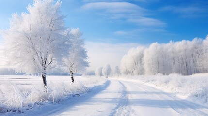 Dirt road leading to frosted woodland along snowy farmland under blue sky with white fluffy clouds