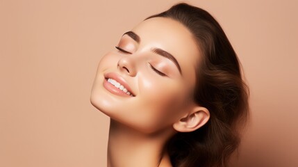 skincare beauty model woman face with healthy skin and natural makeup, happy young adult girl with closed eyes on beige background, spa concept - obrazy, fototapety, plakaty