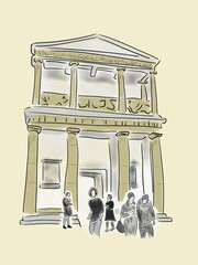 Visit to the Pergamon Museum in Berlin digital sketch. Color illustration for design - 690975621