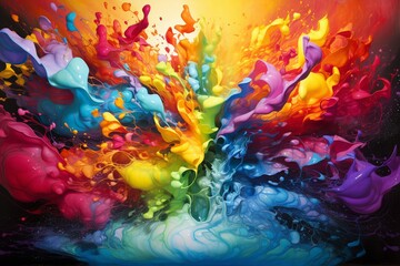 A vibrant burst of colors merging in a chaotic dance, reminiscent of a cosmic collision.