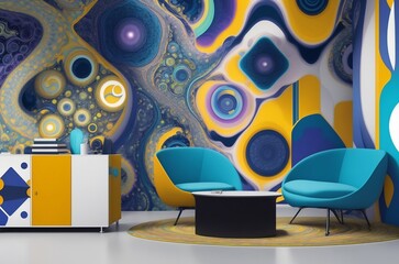 A modern living room with a psychedelic mural on the wall and retro-inspired furniture in vibrant colors.Created with generative AI