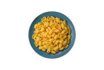 Raw durum wheat gnocchi pasta with salt and spices in a ceramic plate