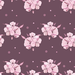 Seamless pattern, delicate pink flowers on a dark background. Print, floral background, textile, vector
