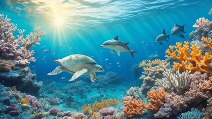 This is a vibrant and colorful photo of a coral reef ecosystem with a sea turtle and shark swimming among the coral and fish.Created with generative AI - obrazy, fototapety, plakaty