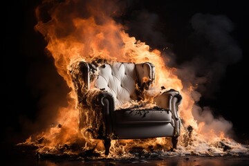 A burning chair in the office, burnout and loss of reality. Deadline and postponement of issuing the order on time. - obrazy, fototapety, plakaty