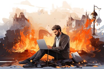 The concept of emotional burnout of a man in the office. illustration concept of overload in the workplace. - obrazy, fototapety, plakaty