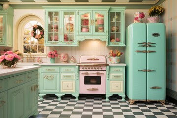 A vintage-inspired kitchen with retro appliances, checkerboard flooring, and pastel-colored cabinets.