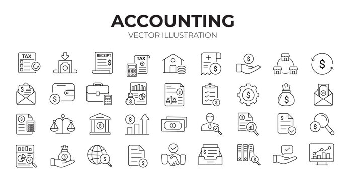 Accounting Editable stroke outline icons set. Accountant, financial, business firm tax, statement, calculator, and balance sheet icons. Vector illustration