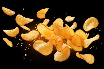 Flying and falling crispy wavy potato chips on black background. Thin crunchy slices of fried potato vegetable with salt and spices