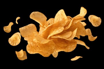 Falling natural potato chips isolated on black background with clipping path