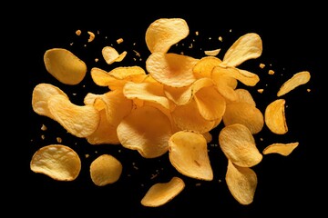 Falling natural potato chips isolated on black background with clipping path
