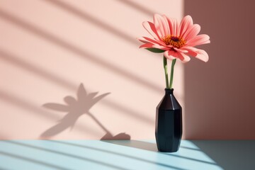 Pink daisy flower in a black vase against a peach color wall. 