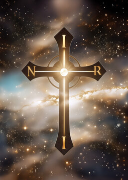 A majestic golden Christian cross floating gracefully amid celestial galaxies. Symbolizing timeless spiritual significance, connecting with the cosmic expanse. Letters: INRI.
