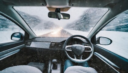 冬の雪道の運転　車内からの眺め