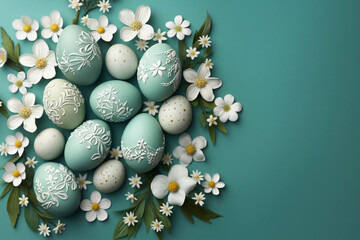 Fototapeta na wymiar Happy Easter flat lay composition. Easter eggs with flowers on pastel green background. Easter card design, template