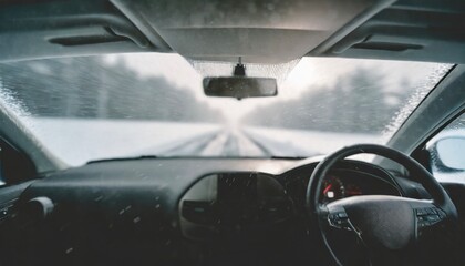 冬の雪道の運転　車内からの眺め - obrazy, fototapety, plakaty