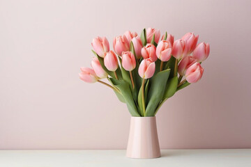 Light pink tulip bouquet on a plain background shot with soft light and a shallow depth of field