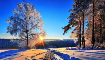 夕日と雪景色の木々 - obrazy, fototapety, plakaty