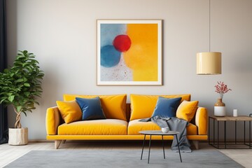 The focal point of a stylish living room is a blue sofa, adorned with cheerful yellow pillows and a warm blanket, against a backdrop of a soothing beige wall featuring an elegant frame poster.
