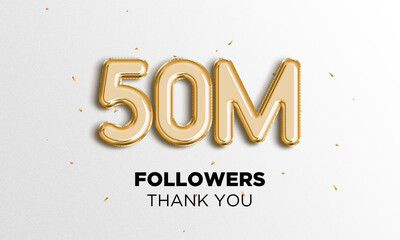 50 Million followers celebration. Social media poster. Followers, thank your lettering. 3D Rendering