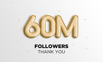 60 Million followers celebration. Social media poster. Followers, thank your lettering. 3D Rendering