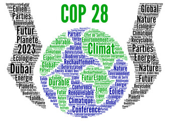 COP 28 en 2023 à Dubaï nuage de mots	 - obrazy, fototapety, plakaty