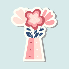 Cute sticker vector pot with hearts. Valentines day vase with flowers. Romantic vector icon in pastel colors
