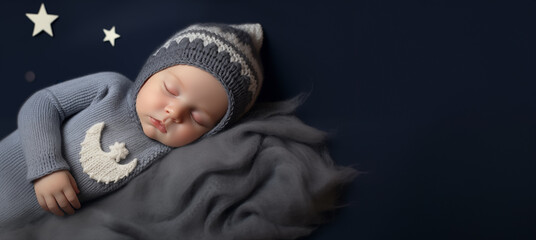 Adorable petit enfant dormant avec un bonnet, arrière-plan de couleur uni - obrazy, fototapety, plakaty