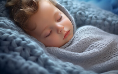 Adorable petit enfant dormant dans une couverture - obrazy, fototapety, plakaty