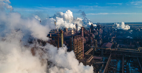 industry metallurgical plant dawn smoke smog emissions bad ecology aerial photography