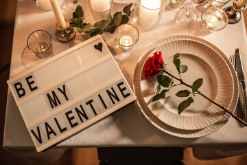 holidays, valentine's day and celebration concept - close up of festive table serving with be my...