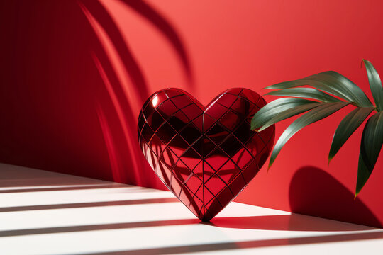 Beautiful metallic heart next to green plant on a red background. Copy space for Valentine's day.