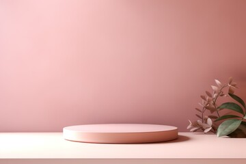 Empty Podium Display with Pink Background and Plant Accents