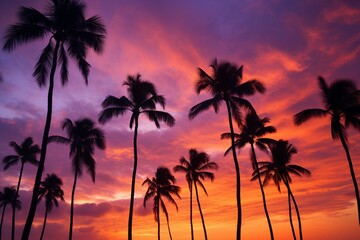 Fototapeta na wymiar Tropical palm trees silhouetted against a vivid sunset, with the sky painted in shades of orange, pink, and purple.