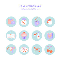 Collection of highlights for valentine's day. Set of love round stickers with presents, tea, strawberry, cake, vine, candy and calendar. 14's february. Cartoon style. Hand drawn vector illustration