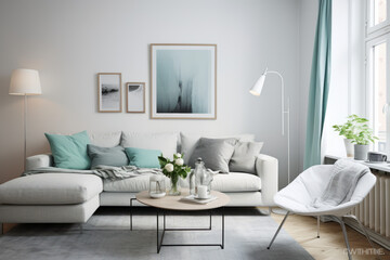 Scandinavian style living room with beige sofa, white lounge chair, and minimalist decor.