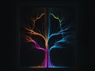 glowing tree, glowing lines, black background, for design, isolated
